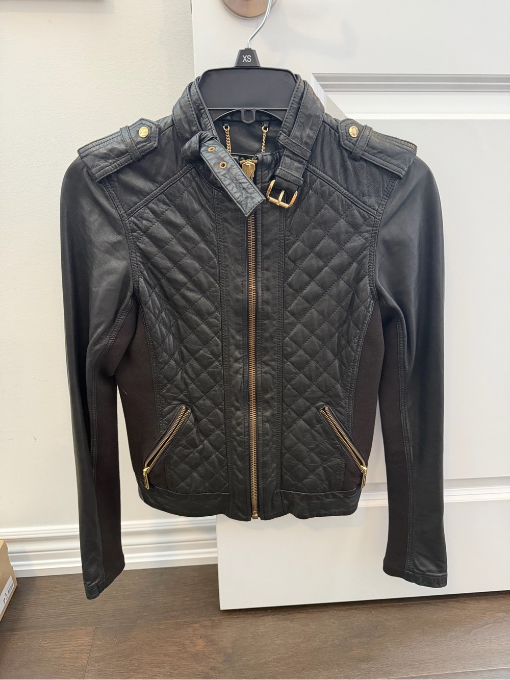 Michael Kors Black Quilted Leather Moto Jacket with Gold Hardware
